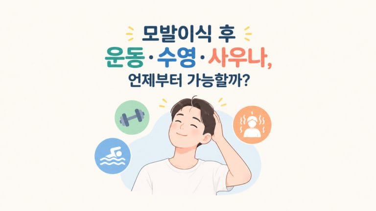 모발이식 후 운동, 수영, 사우나를 언제부터 시작할 수 있는지 설명하는 썸네일 일러스트