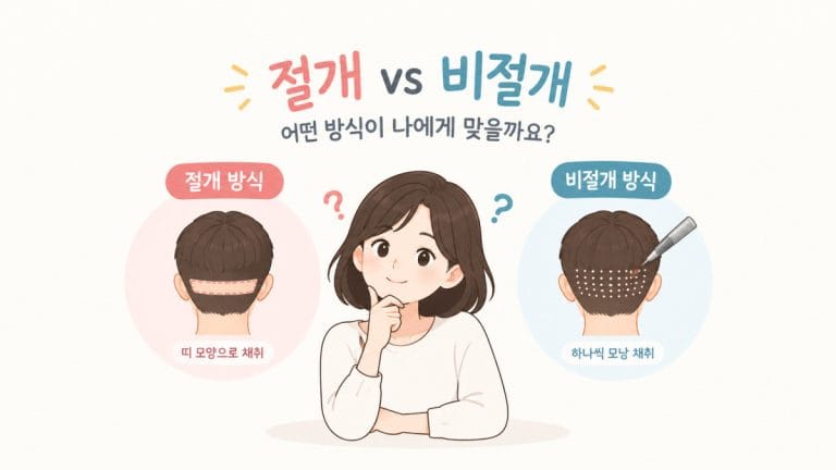 절개 모발이식과 비절개 모발이식의 채취 방식 차이를 비교한 일러스트. 절개는 후두부의 두피를 띠 모양으로 채취하고, 비절개는 펀치로 모낭을 하나씩 채취하는 방식을 보여준다.