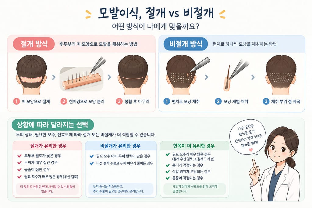절개 모발이식과 비절개 모발이식의 차이를 비교한 인포그래픽. 절개는 후두부 두피를 띠 모양으로 채취한 뒤 모낭을 분리하고 봉합하며, 비절개는 펀치로 모낭을 하나씩 채취하는 과정을 보여준다. 하단에는 두피 상태와 필요 모수, 흉터 및 삭발 부담에 따른 수술 방식 선택 기준이 정리되어 있다.
